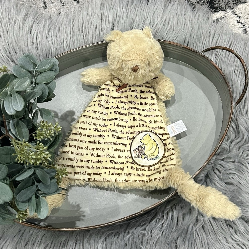 Disney Winnie the Pooh Baby Security Blanket Lovey Tan Script Quotes Plush Bear